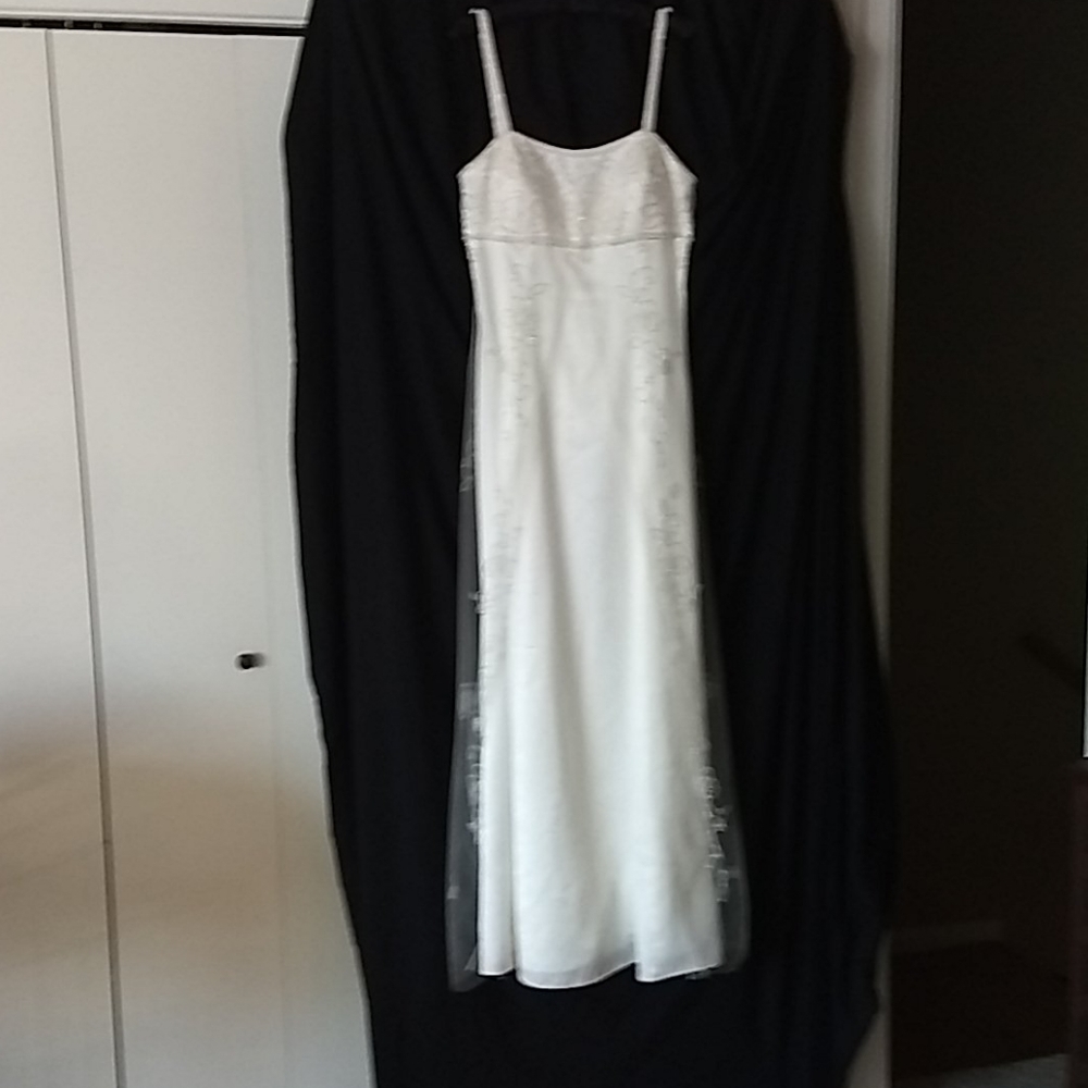 White floor length white satin with tulle overlay